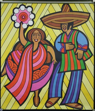 a man and woman in colorful clothes