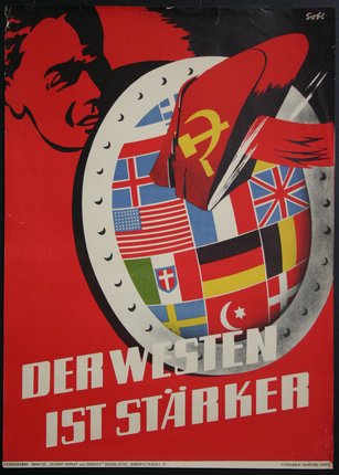 a red poster with a flag and a man's face
