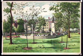 a drawing of a park with a monument and trees