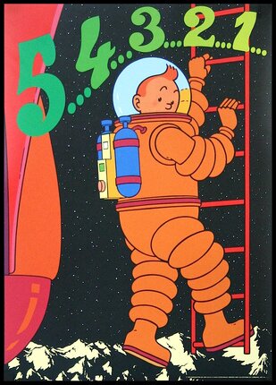 a cartoon of a boy in an astronaut suit climbing a ladder