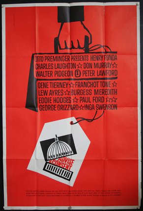 a red and white poster with black text