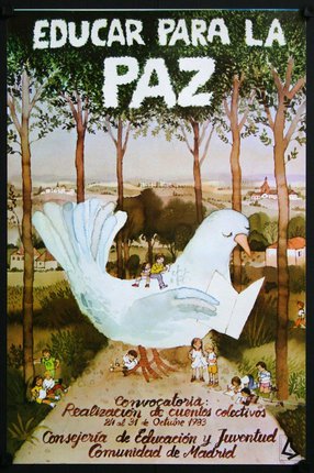 a poster with a white bird and children