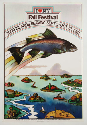 a poster of a fish flying over water