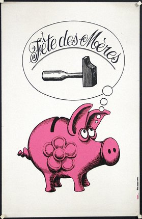 a pink piggy bank with a hammer and a sign