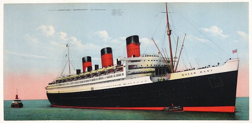 a large ship in the water with RMS Queen Mary in the background