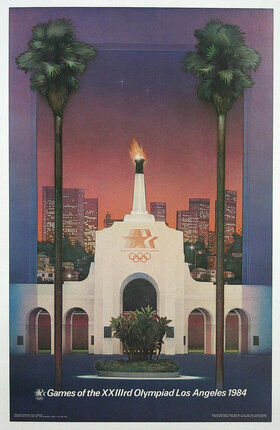 a poster of a building with a torch