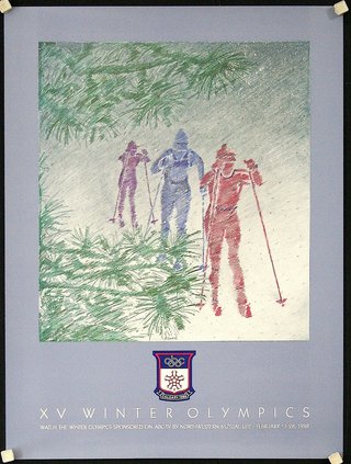 a poster with skiers in the snow