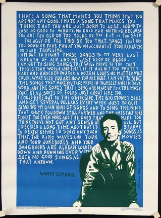 a poster with a man sitting in front of a blue background