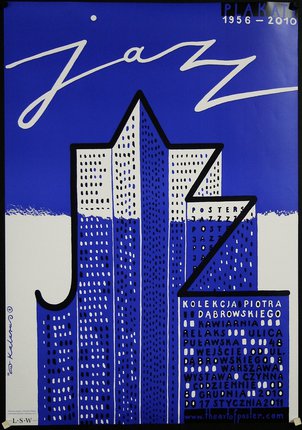 a blue and white poster with a building and text