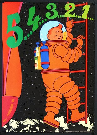a poster of a boy in an astronaut suit climbing a ladder