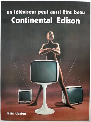 a poster of a woman standing next to two televisions