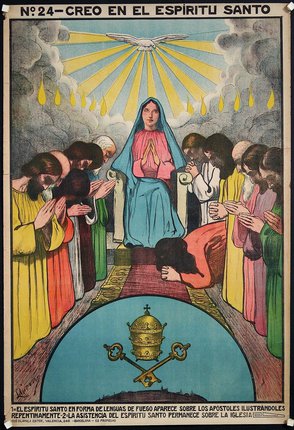 a poster of a woman in a blue robe surrounded by people