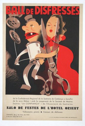 a poster of a woman holding scissors and a spool of thread