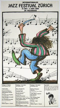 a drawing of a man dancing with musical notes