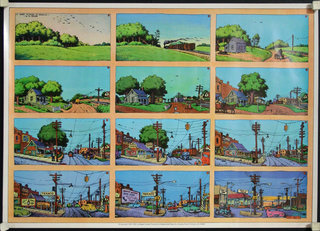 a collage of a cartoon of a town