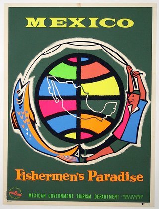 a poster with a man holding a fish and a globe