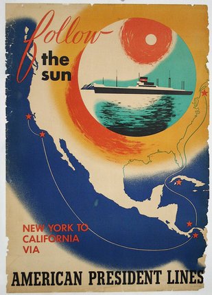 a poster with a ship in the ocean