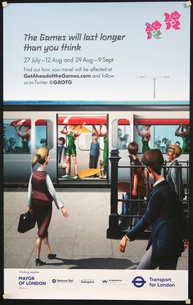 a poster with people walking on the platform