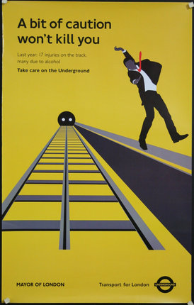 a poster of a man walking on a train track