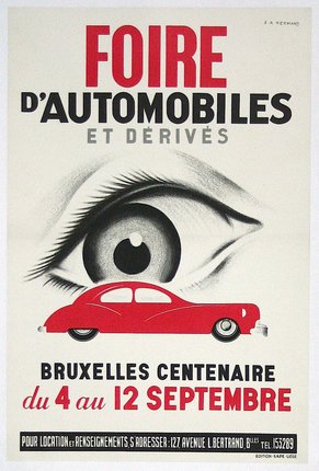 a poster with a red car and eye