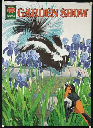 a poster with skunks on a bird bath