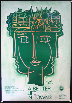 a poster with a face and buildings on it