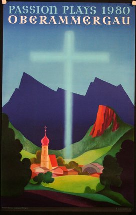 a poster with a cross and mountains