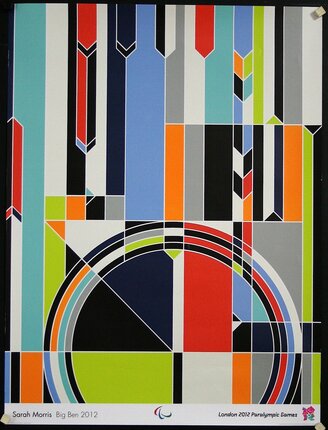 a colorful art piece with black frame