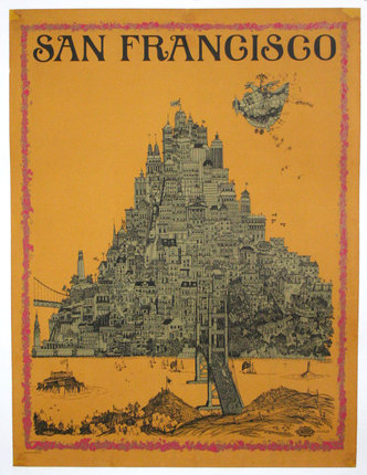 a poster with a drawing of a city