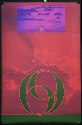 a poster with a pink and green background