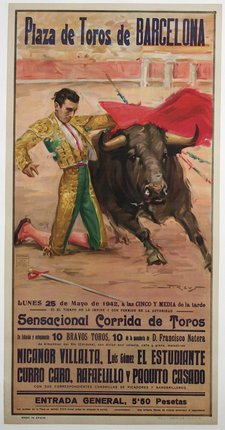 a poster of a bull fighting with a man