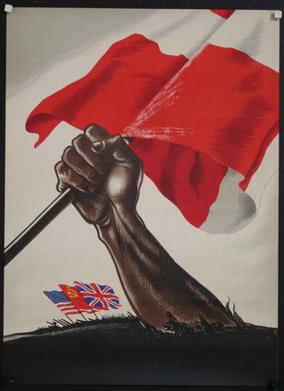 a poster of a hand holding a flag