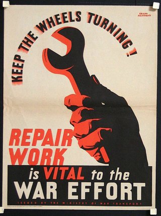 a poster with a hand holding a wrench