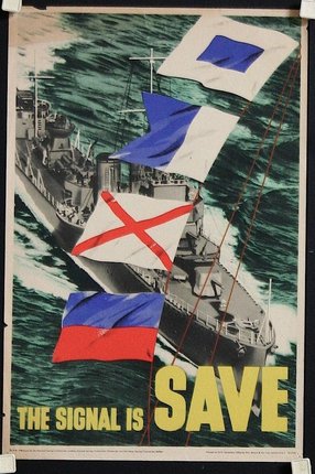 a poster of a ship with flags
