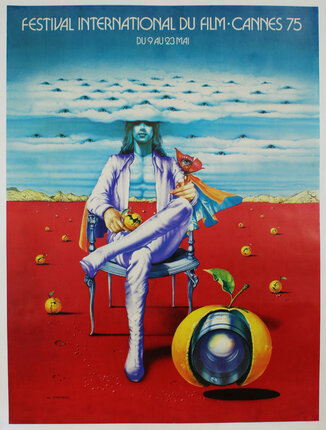 a poster of a man sitting in a chair with fruit