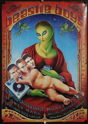 a poster of a alien with a baby and a record player