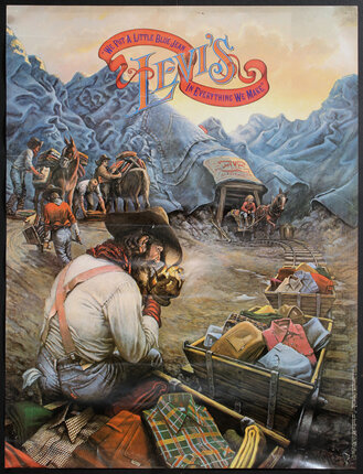 a poster of a cowboy with a wagon and people