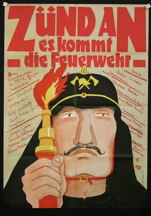 a poster with a man holding a fire torch