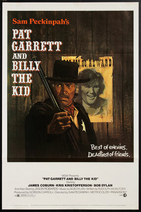 a movie poster of a sheriff in a top hat holding the barrel of a rifle with a wanted poster of another man behind him on a wood slat wall