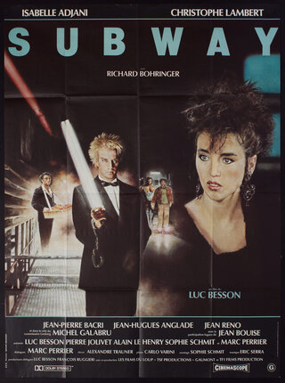 a movie poster with a standing man in a tuxedo and handcuffs holding a long neon light and a stylish, young, wide-eyed woman looking impatient