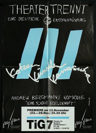 a poster with a blue and white logo