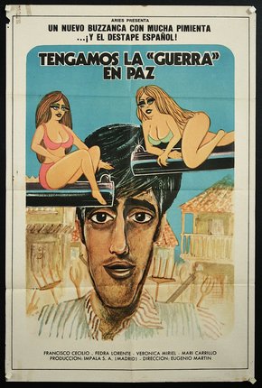 a poster of a man with two women on his head