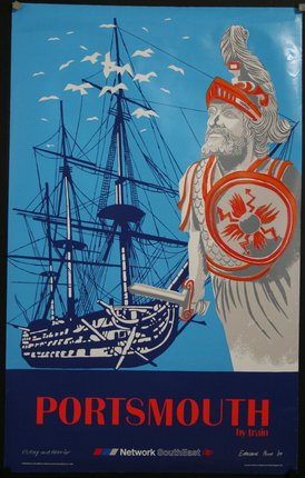 a poster of a man holding a sword and a ship