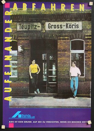 a poster of two men standing in front of a building