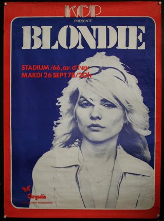 a poster of blondie on a red and blue background