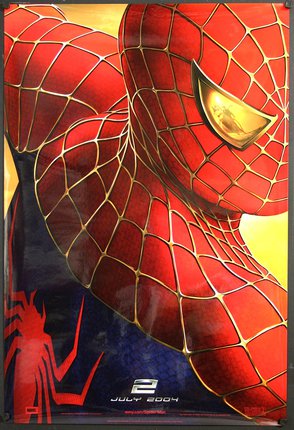 a red and blue poster with a spiderman garment