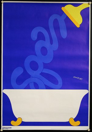 a blue poster with a white bowl and a yellow bird