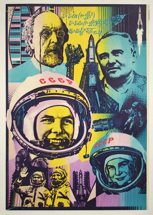a poster of astronauts and a rocket
