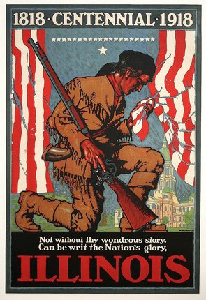 a poster of a man holding a rifle and a flag