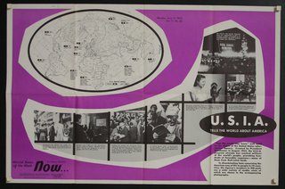 a purple and white poster with a map